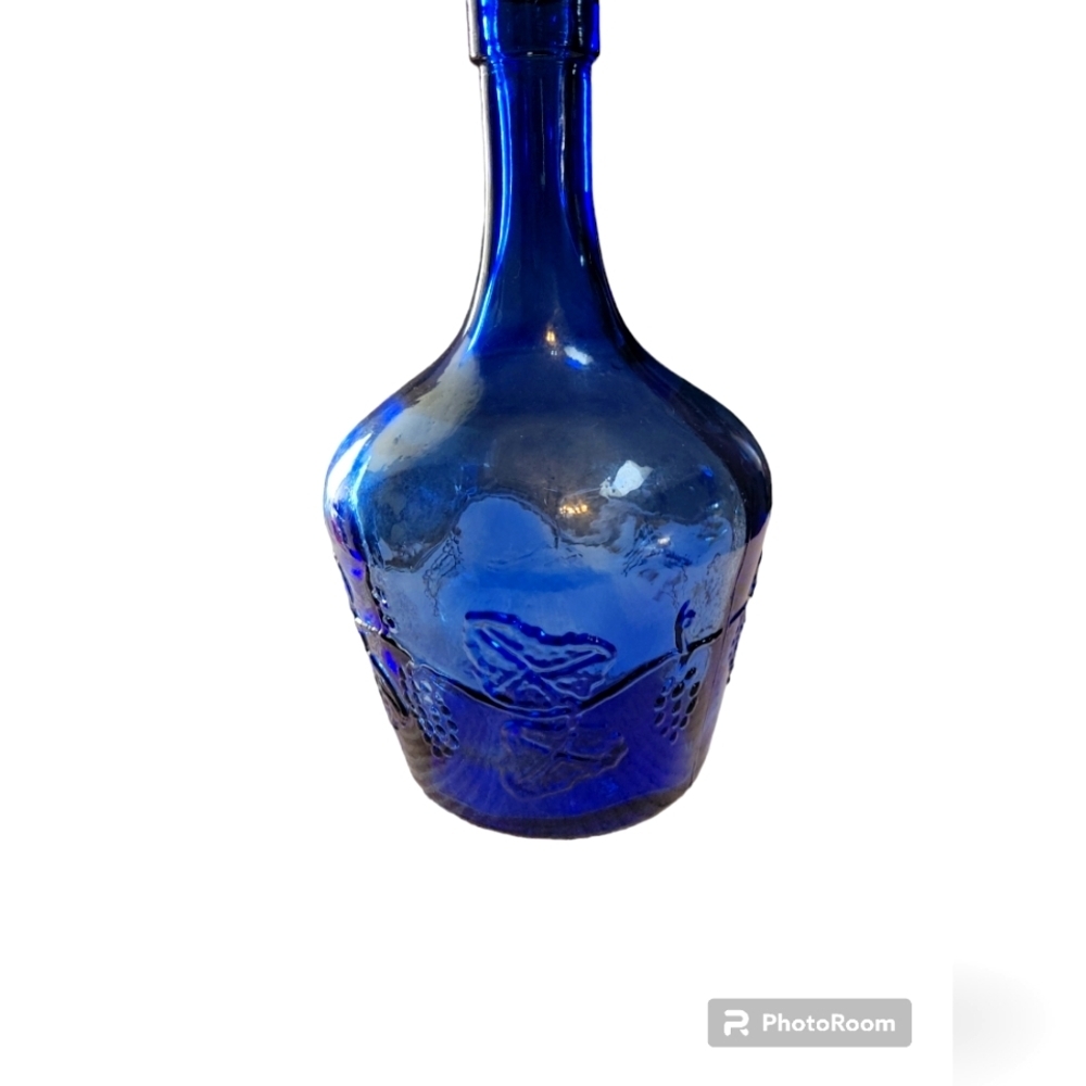 Cobalt Glass Bottle with raised grapes and leaves